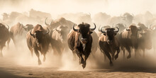A Herd Of Buffalo Gallops Across The Dusty Landscape, Stirring Up A Cloud Of Dust - Generative Ai.