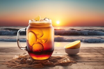 Canvas Print - A beachside summer sunset, an iced beverage, and space for your design on a desk with ice. Generative AI