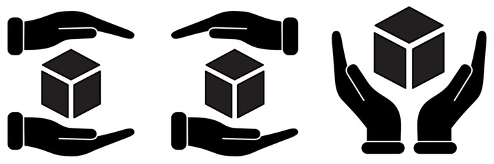 Fragile, handle with care sign or symbol - hands around simple box vector illustration