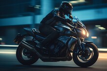 Motorcycle Rider Riding Fast On Interstate Road, Cinematic, Photoshoot, Shot On 65mm Lens, Shutter Speed 1 4000, F 1.8 White Balance, 32k, Super-Resolution, Pro Photo RGB, Half Rear Lighting, Backligh