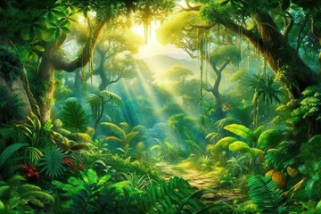 Wall Mural - serene forest with rays of sunlight shining through the trees. Generative AI