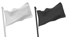 White And Black Flags Waving On The Wind. 3D Rendered Mockup Isolated On Transparent Background