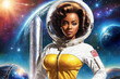 © soleg - Portrait of a beautiful woman as an astronaut on background of stars and universe, space theme in the retro futurism style of the 60s. Generative AI.
