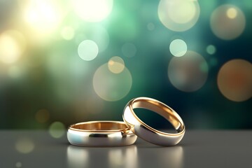 two gold wedding rings are in front of a bokeh background, in the style of digitally enhanced, light