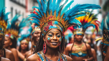 Samba fastival, carnival procession. A woman wearing a colorful headdress in a parade. Generative AI.