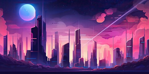 Wall Mural - AI Generated. AI Generative. Retro vintage synthwave vaporwave city urban town cityscape. Pink purple future colors. Graphic Art