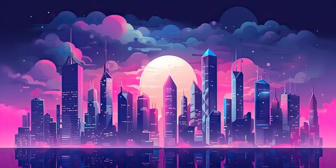 Wall Mural - AI Generated. AI Generative. Retro vintage synthwave vaporwave city urban town cityscape. Pink purple future colors. Graphic Art