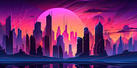 Wall Mural - AI Generated. AI Generative. Retro vintage synthwave vaporwave city urban town cityscape. Pink purple future colors. Graphic Art