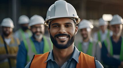 Engineer at construction site wearing safety helmet Confident engineer looking at camera with team behind Generative AI