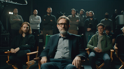 movie director at studio The film director sits confidently in his chair looking at the camera with a team in the background. Generative AI