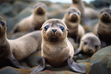 a group of baby sea lions gather around to look at the camera