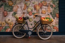 A Bike Beside A Wall With A Produce Mural - Produce In Bike Basket. Generative AI