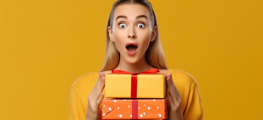 Surprised young woman with gift box. Image generative AI.