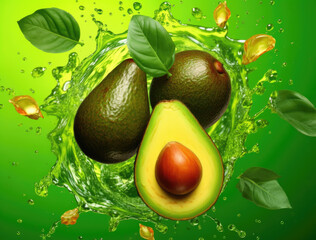 Avocado fruit falling into the water with splashing