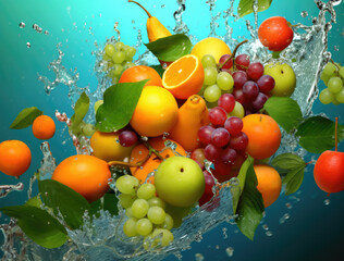 Variety of Fruits falling into the water with splashing