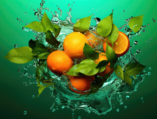 Oranges fruit falling into the water with splashing