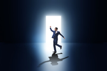 Wall Mural - Businessman entering backlit door in escape concept