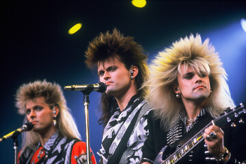 Glam rock band in concert on stage in the 1980s. Big hair and makeup. 