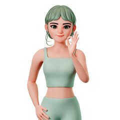 Sport Girl Character Showing Ok gesture using right hand, 3D Character Render Illustration