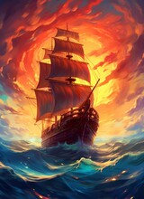 A Large Galleon Sailing Through A Sea Of Fire And Color, Pirate Ship Concept, Generative Ai
