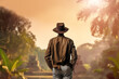 man in costume indiana jones standing back view on background jungle antient atctec temple