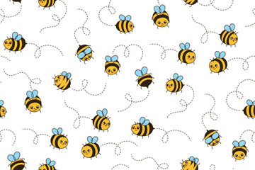 Bee honey cartoon seamless pattern. Kids honeybee insect characters with funny faces retro endless background. Cute summer ornament comic smiley striped bees repeat vector, boundless illustration