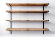Metal-topped wooden shelves that are empty, seen from a perspective position. Modern loft-style rack for an inside flat or office. mockup of empty storage shelves on a white background. Generative AI