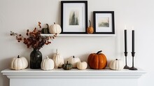 Black Mock Frame With Fall Candles And Pumpkin Decor On A White Shelf. Autumnal Idea Frame For A Portrait Against A White Wall. Generative AI