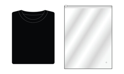 Wall Mural - Foled black t-shirt and clear plastic zip lock bag template on white background, vector file