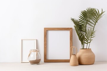 Wall Mural - Mockup of a white counter table in a kitchen setting with a wooden spoon, a houseplant, and a white wooden picture frame. Copy space Generative AI