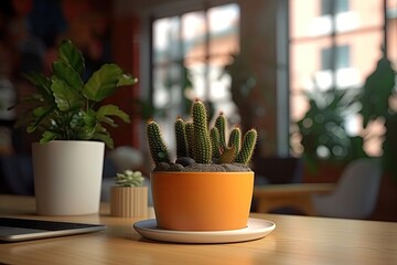 Wall Mural - a cup of coffee in a black pot with a cactus in a cozy office with a tablet in the distance. Generative AI