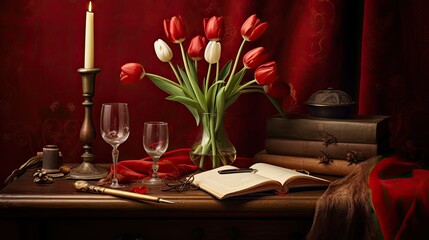 Wall Mural - On the table, there are two champagne glasses, writing instruments, tulips in a vase, an iron heart, and an ancient picture frame with a crimson background. Generative AI