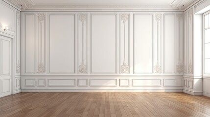 A room with a wooden floor and a white classic wall panel can be used as a backdrop or for interior design and decoration. White old walls and a wooden floor in an empty room. Generative AI