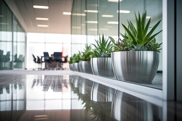 Sticker - Defocus Office plant and glass wall in the lobby area. Generative AI