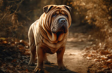 A Shar-Pei Dog Illustration, Standing Outside In Filtered Sunlight; Created Using Generative AI