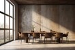 Interior of a dining room with a concrete wall, a large wooden table, loft windows, and several chair styles. a mockup Generative AI