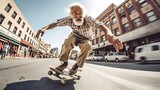 an old man riding a skateboard fast in the city,Generative AI.