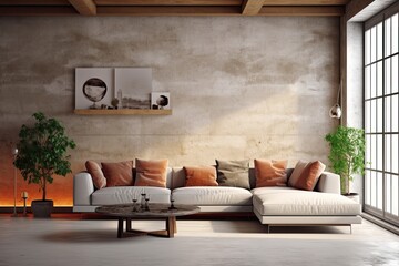 Background interior of living room with light-colored concrete walls, sofa, and table. Generative AI