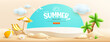 Podium Summer, pile of sand, coconut tree, beach umbrella, beach chair, beach ball, banner design, on cloud and sand beach background, EPS 10 vector illustration