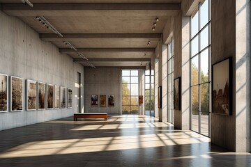 Wall Mural - Interior of empty concrete gallery with daylight and mock-up posters on the walls. a museum idea. Generative AI