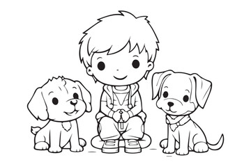 Kids Coloring Book, Coloring Pages, Dog Character Coloring Page With Cute Kids, Vector Line Art 