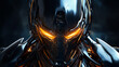 © Clipart Collectors - A design featuring a robot or cyborg with glowing eyes and metallic parts. The style is sleek and modern, and the mood is ominous and powerful. Lighting style is dramatic with bright highlights