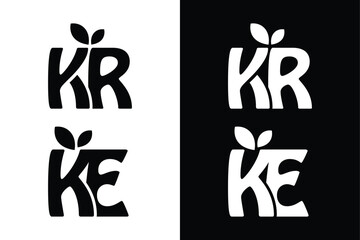 Set of leaf and KR KE letter black and white. Suitable in various business purposes also for icon, logo, symbol and many more.