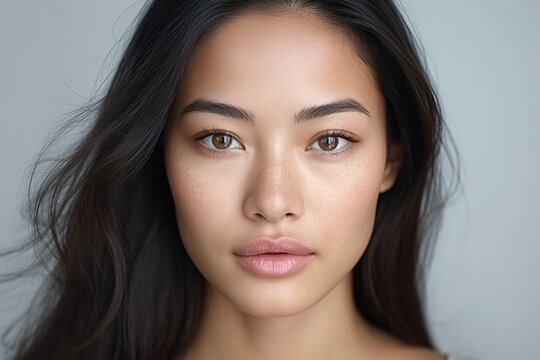 a beautiful asian woman, close up on her face with smooth skin look at the camera on a white backgro