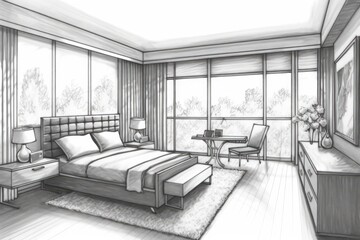 Wall Mural - Interior sketch of a bedroom showing the coffee table in front of the window with Roman blinds and the vertical poster above it. in front. Generative AI