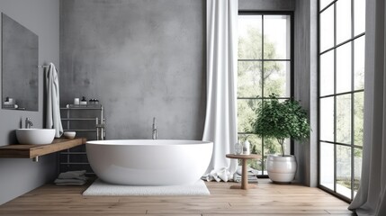 Bathroom interior with a white bathtub with a towel hanging over it, a hardwood floor, gray walls, and a loft window. a mockup Generative AI