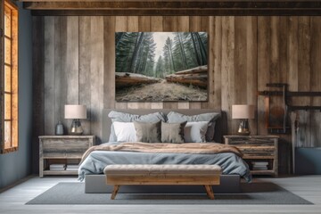 Canvas Print - mock-up poster frame with a background of a rustic bedroom, Generative AI