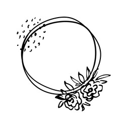 Wall Mural - Simple round floral frame with black outline. Roses and peonies, romantic style. Vector drawing.