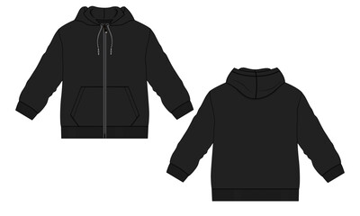 Wall Mural - Hoodie. Technical fashion flat sketch Vector template. Cotton fleece fabric Apparel hooded with zipper sweatshirt illustration black color mock up Front, back views. Clothing outwear Men's top CAD.