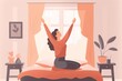 © Anastasiia - Generative AI.Wake-up woman. Morning sunlight and stretching beautiful girl in bedroom, wake up at bed sleep energy fresh new day, relax awake happy women person, cartoon